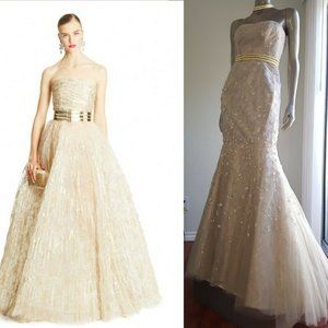 #◇$9,000 NEW CAROLINA HERRERA PRETTY GOLD BLUSH SILVER EMBR CRYSTAL GOWN 10 L